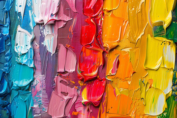 Closeup of Abstract Rough Colorful Multicolored Rainbow Colors Art Painting Texture with Oil Brushstroke Palette Knife Paint on Canvas Dripping Color