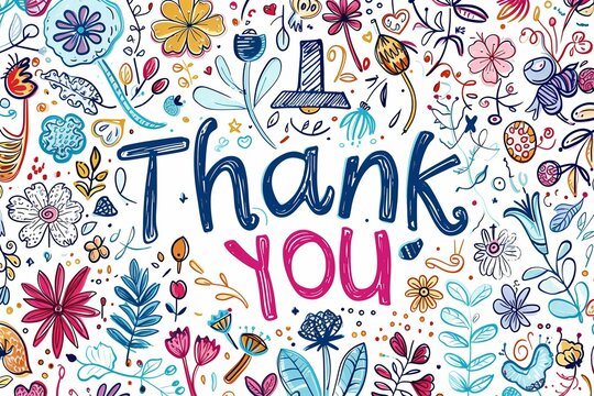 Thank you image with flowers and plants drawn around it. Great for slideshow end screens.