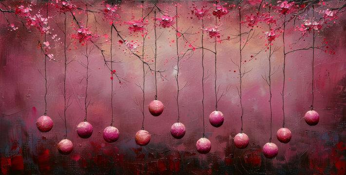  A picture depicts various pink spheres dangling from a tree with surrounding purple and pink blossoms