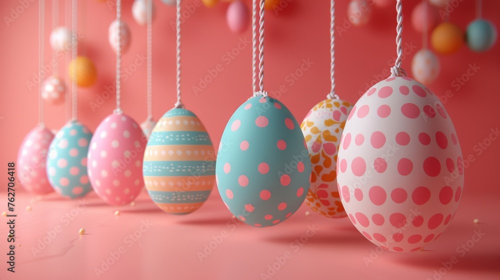 Poster pink background with confetti, a row of multicolored easter eggs hung from a string