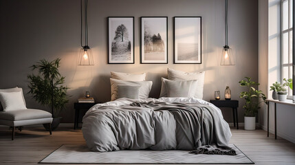 A bedroom with a bed, a chair, and a potted plant. The bed is covered with a gray comforter and pillows. The room has a modern and minimalist design, with a focus on simplicity and functionality