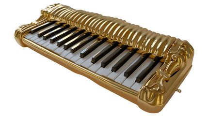 A stunning golden musical instrument with black keys, shining in the light