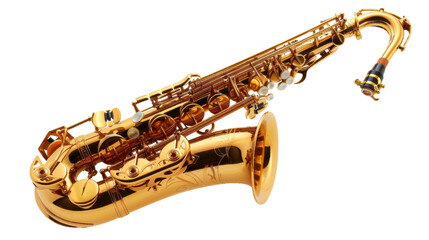 A beautiful golden saxophone shines against a pure white background