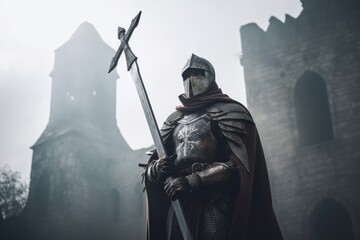 Gallant Knight Holding a Spear in a Fortress. Knight with a spear before a misty castle. - obrazy, fototapety, plakaty