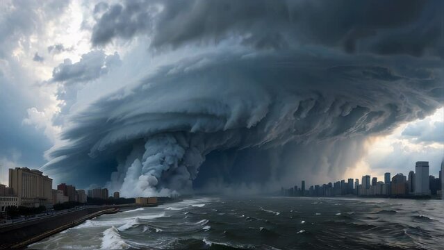 Cityscape under the siege of a turbulent storm cloud. Generative AI Video. ProRes LT 59.94 FPS available in 4K 16:9.
