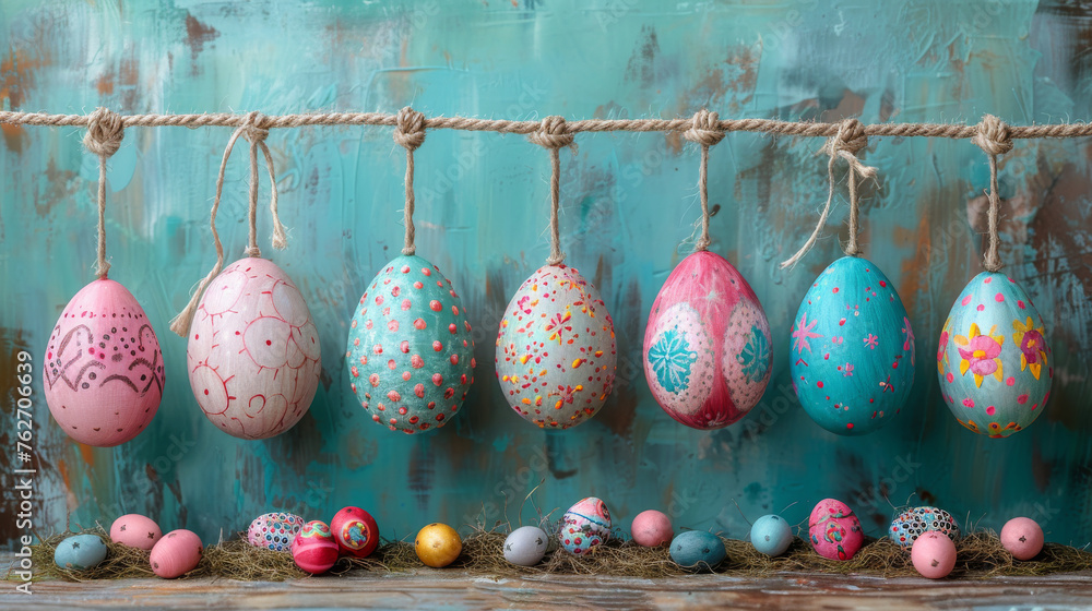 Poster  A line of painted eggs dangling from a string of twine