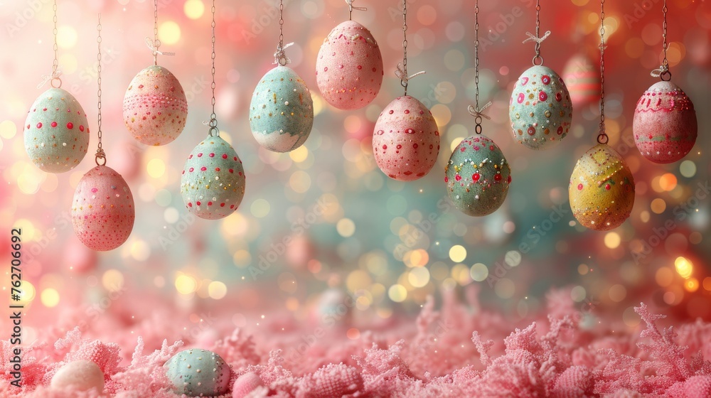 Poster colorful eggs suspended on a string with a backdrop of twinkling lights