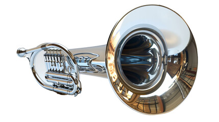 A striking close up of a gleaming trumpet against a pristine white backdrop