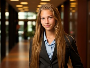 Fototapeta premium A young woman in a business suit posing for the camera. Generative AI.