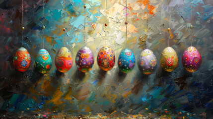  A collection of artfully decorated eggs perched atop a table beside a vividly colored egg artwork - obrazy, fototapety, plakaty