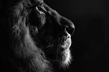 A lion's face is shown in black and white. The image has a moody and dramatic feel, as the black