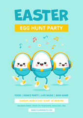 Easter party poster template. Easter Egg Hunt Flyer. Vector illustration with dancing easter egg characters on blue background.