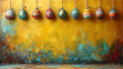  A colorful egg painting on a yellow background with a yellow line hanging the eggs