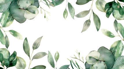A watercolor painting featuring vibrant green leaves against a clean white background. The leaves...