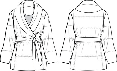 Women`s Shawl Collar Padded Coat. Technical fashion illustration. Front and back, white color. Women`s CAD mock-up. © DERYA