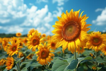 Obraz premium Showcase the whimsical beauty of a sunflower field in full bloom, where the golden petals contrast against the bright blue sky, creating a scene straight out of a summer dream. 