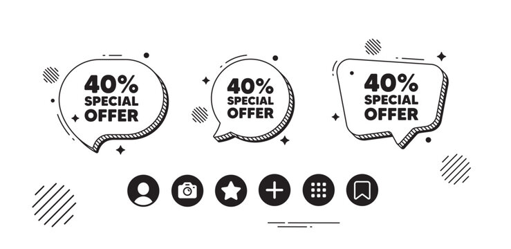 40 percent discount offer tag. Speech bubble offer icons. Sale price promo sign. Special offer symbol. Discount chat text box. Social media icons. Speech bubble text balloon. Vector