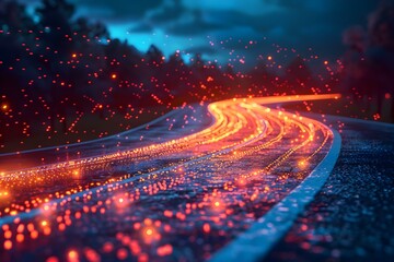 Visual representation of a virtual highway symbolizing rapid data transfer concepts. Concept Data Highway, Rapid Transfer, Virtual Concept, Visual Representation, Technology Illustration