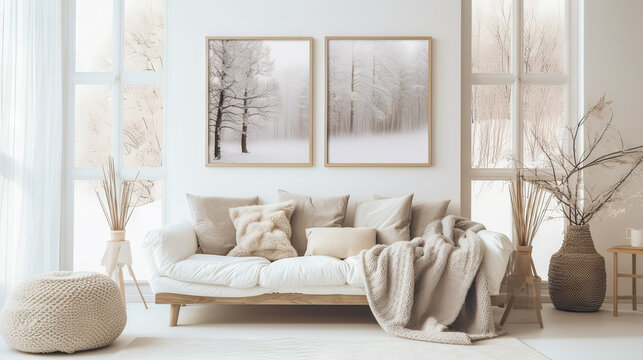 A living room with a white couch and a white blanket on it. There are two framed pictures on the wall, one of which is of a snowy forest. The room has a cozy and inviting atmosphere