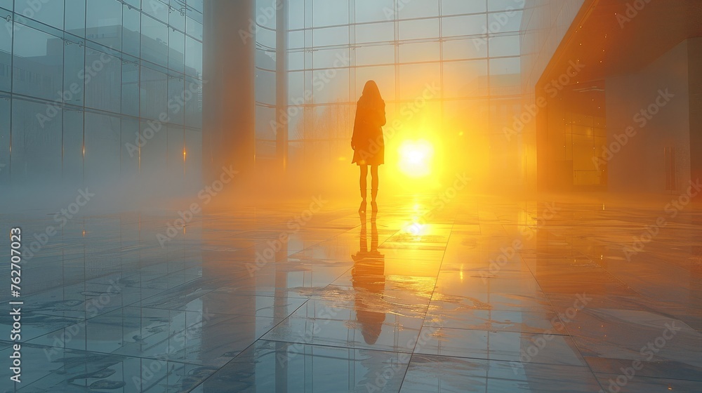 Poster a figure standing amidst a room, illuminated by sunlight streaming in from windows while surrounding