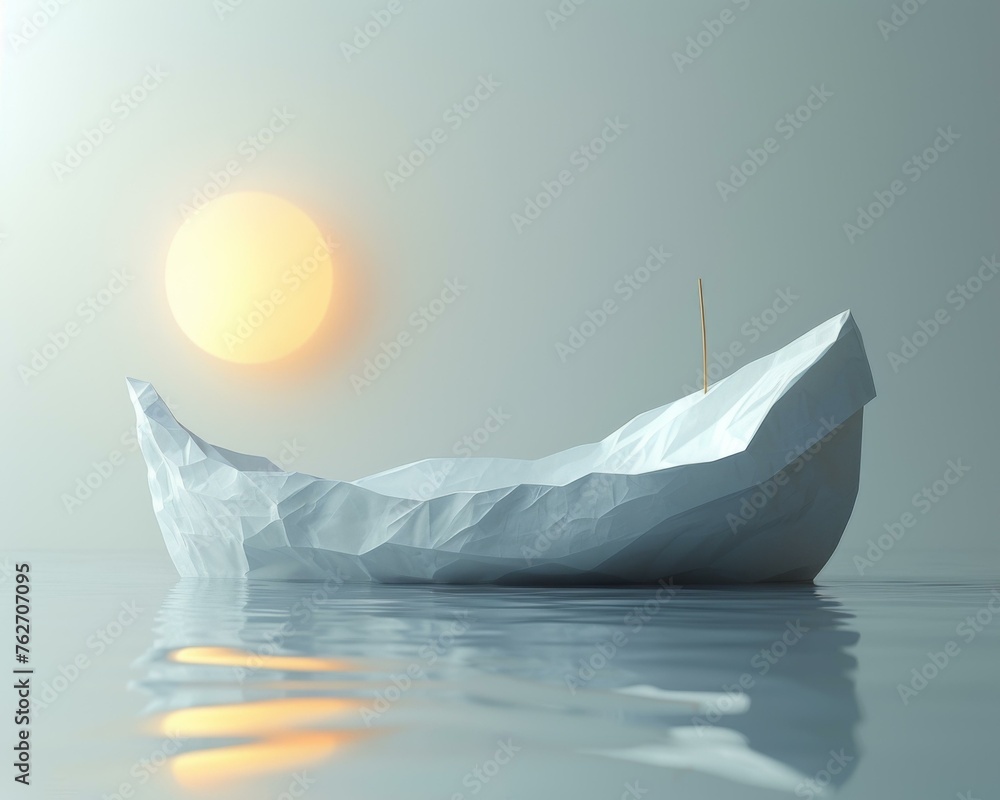 Poster an iceberg floating in the water with a sun in the background. generative ai.