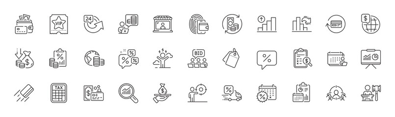 Card, Online auction and Market seller line icons. Pack of Wallet, Accounting, Data analysis icon. Calendar discounts, Business targeting, Difficult stress pictogram. Tax calculator. Vector
