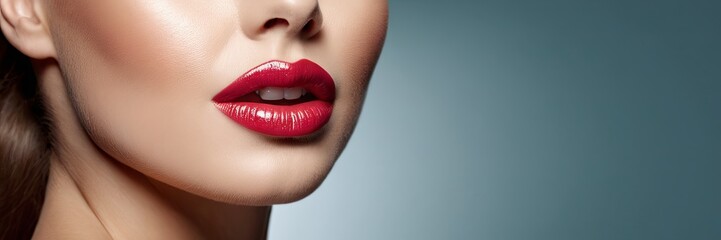 Obraz premium Close-up woman lower face, showcasing clear complexion against a blue background. Image captures detail of skin texture, lips, used for skin care promotion.