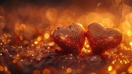  Two heart-shaped figurines atop a golden, glittery table - obrazy, fototapety, plakaty