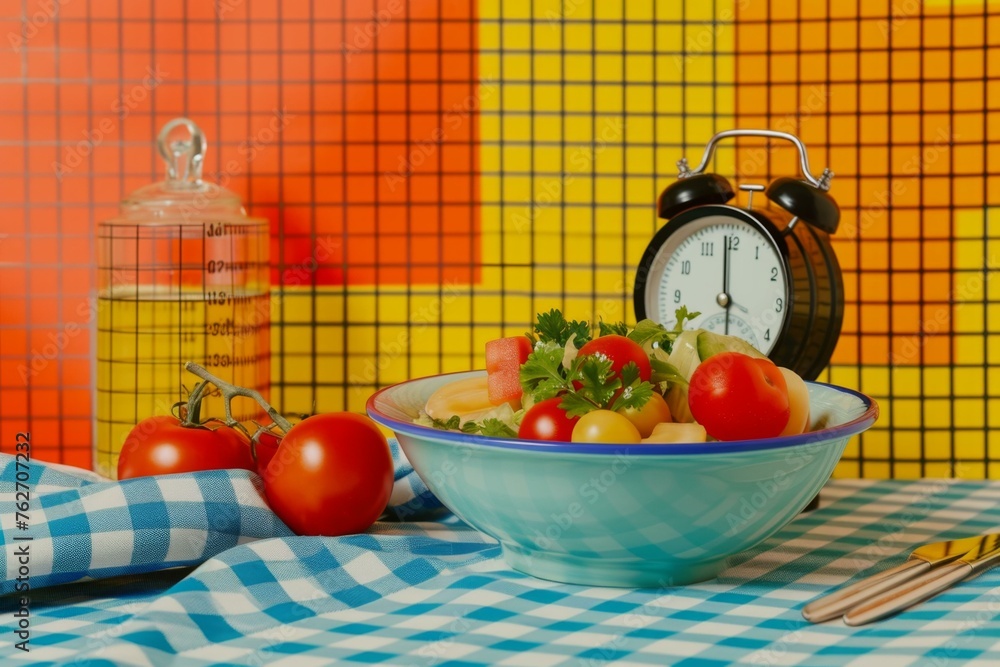 Aufkleber a bowl of salad with tomatoes and a clock on a table. generative ai.