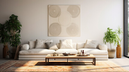 A living room with a white couch, a coffee table, and a large painting on the wall
