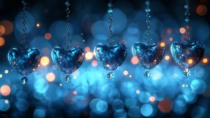 Foto op Plexiglas  A cluster of blue-colored heart-shaped decorations dangles from a chain, framing a hazy blue background with twinkling lights © Nadia