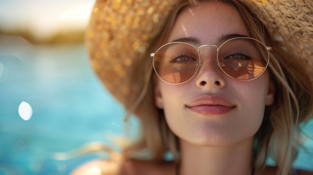 closeup shot woman with sunglasses, a straw hat, and a big smile. Her jawline, nose, chin, and eyebrows are prominent. The eyewear highlights her eye and vision care. copy space. sun vacation mood
