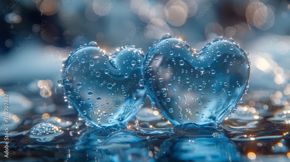Poster a macro image of two heart-shaped puddles on a reflective surface, adorned with droplets and surroun