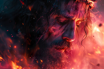 Portrait of Jesus Christ with a crown of thornsin the holy fire background. Catholic faith, suffering and sacrifice concept.