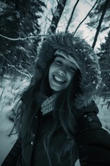 Beautiful Woman, Selfie, Portrait outdoor, Winter Forrest, Photo, realistic professional Shooting