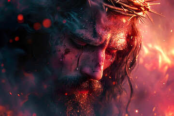 Portrait of Jesus Christ with a crown of thornsin the holy fire background. Catholic faith, suffering and sacrifice concept. - obrazy, fototapety, plakaty