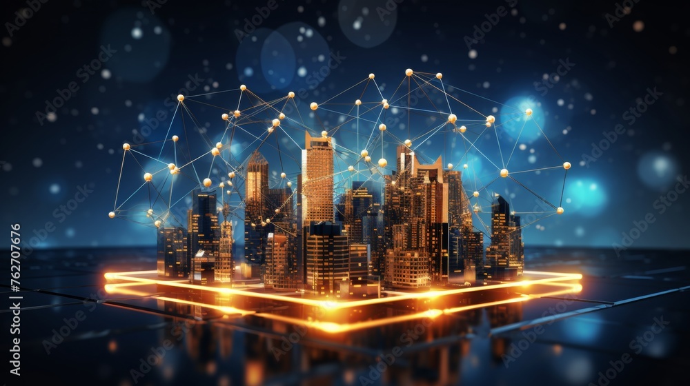 Poster abstract modern city model with wireless network and connection technology concept