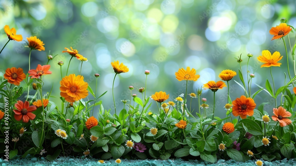 Poster a macro shot of several blooms amidst lush greenery, featuring sharp focus while the backdrop remain
