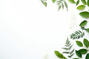 A curated border of fresh green leaves encircling a clean white space, ideal for natural themes. Fresh Plant Leaves Border on White Background