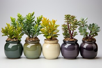 5 pots with different flower plants on clean white background. Green, beige and purple pots.