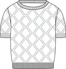 Women's Short Sleeve Pointelle Crop Jumper- Technical fashion illustration. Front, white color. Women's CAD mock-up.