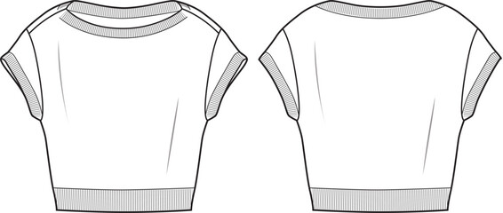 Women's Short Sleeve Crop Jumper- Technical fashion illustration. Front and back, white color. Women's CAD mock-up.