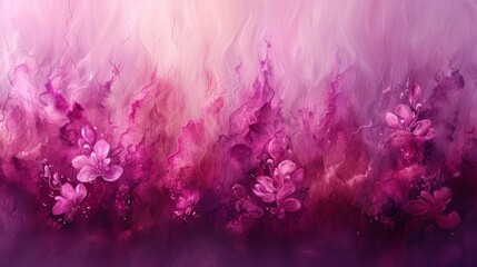  A picture featuring pink and purple blossoms against a dual purple-pink backdrop and a central white band