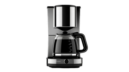 A sleek black and silver coffee maker stands gracefully on a clean white background