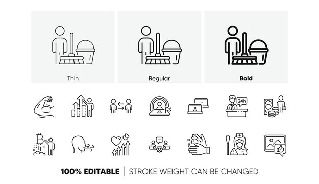 Wash hands, Outsource work and Nurse line icons. Pack of Teamwork business, Employee results, Bitcoin project icon. Cleaning, Like photo, Breathing exercise pictogram. Teamwork. Line icons. Vector