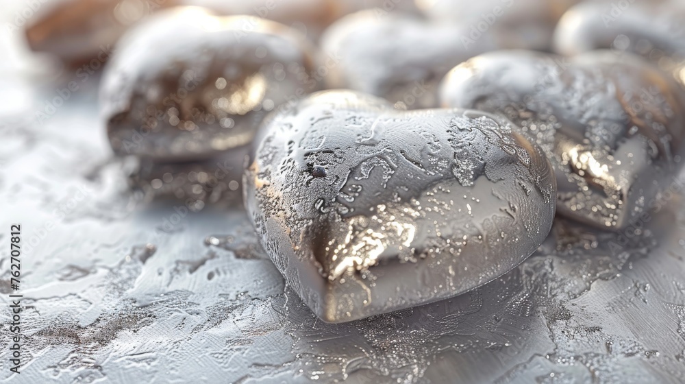 Poster a cluster of shiny heart-shaped objects resting atop a dampened tablecloth, positioned over a table 