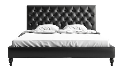 A modern bed with a sleek black headboard and crisp white sheets