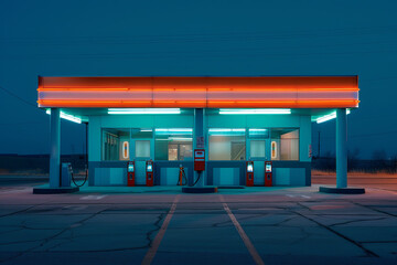 Exterior of a rural gas station, at night.