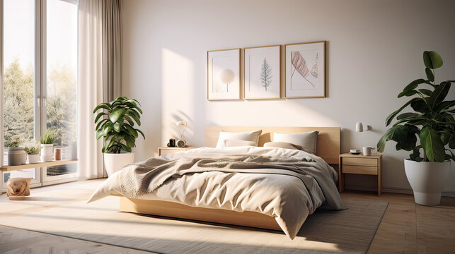 A bedroom with a white bed, a white dresser, and a white nightstand. The room is decorated with a few potted plants and a vase. The room has a clean and minimalist look, with a neutral color palette