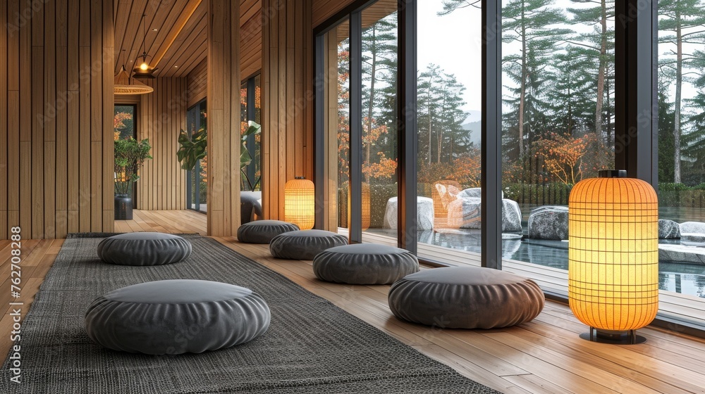 Poster a spacious room with an array of pillows scattered across the floor and a floor lamp illuminating th